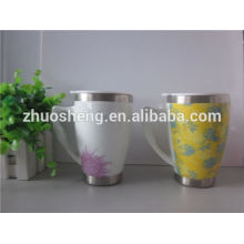 2015 hot new product customized double wall white ceramic printing mug stainless mug with handle